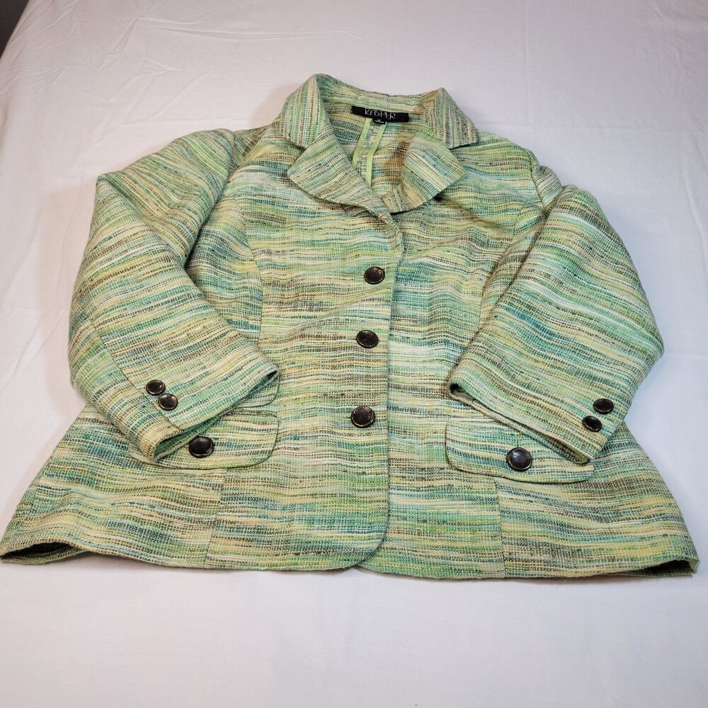 Kasper 14 Textured Tweed Blazer Women Green Multi Cotton Blend Professional